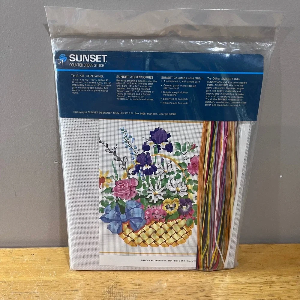 Vtg 1985 Sunset Garden Flowers Counted Cross Stitch Kit 2934 Floral Basket 12x12